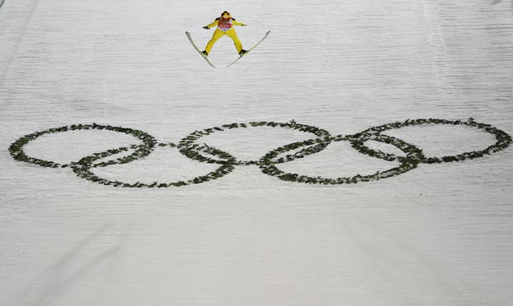 Japan’s Noriaki Kasai competes in the Men’s Ski Jumping Normal Hill Individual Final Round at the RusSki Gorki Jumping Center during the Sochi Winter Olympics on February 9, 2014 in Rosa Khutor. (John MacDougall/AFP/Getty Images)