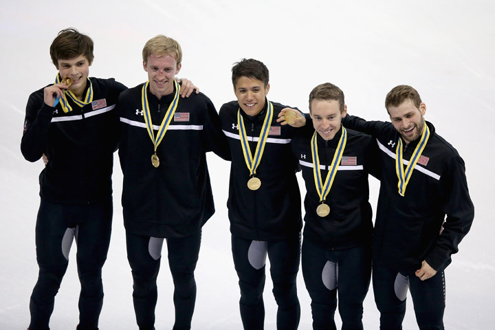 Gold medalists Jordan Malone, Chris Creveling, Jeff Simon, J.R. Celski of United States team pose during the medal presentation for the Men’s 5000m Final.
