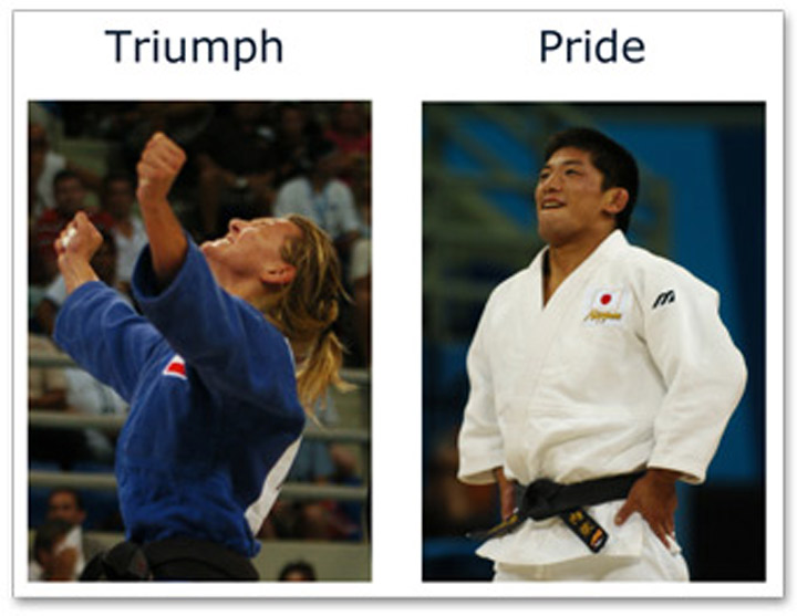 Photographs of Olympic athletes, used in Matsumoto’s study, show the contrast between expressions of triumph (left) and pride (right). (Photo courtesy San Francisco State University)