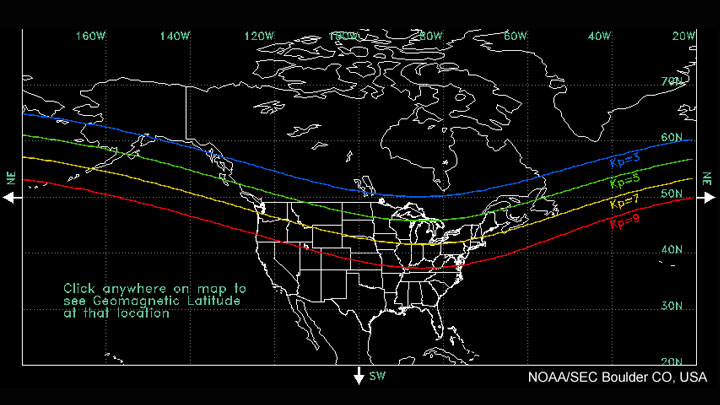 In order to view the northern lights, it’s best to be at higher geographic latitudes. This map from the Space Weather Prediction Center illustrates what the Kp Index — which measures geomagnetic activity — needs to be for optimal viewing of the aurora in northern latitudes.