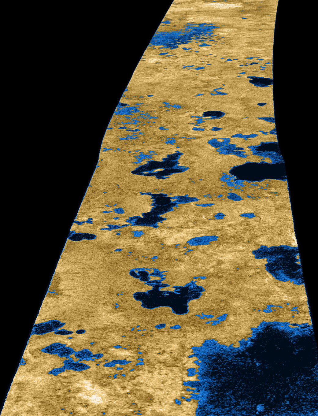 Radar image of lakes on Titan. The lakes are coloured blue in this image to highlight the methane lakes.