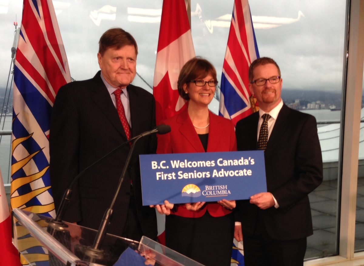 Isobel Mackenzie, B.C.'s first Seniors Advocate, was introduced by MLA Ralph Sultan and Health Minister Terry Lake at a press conference today.