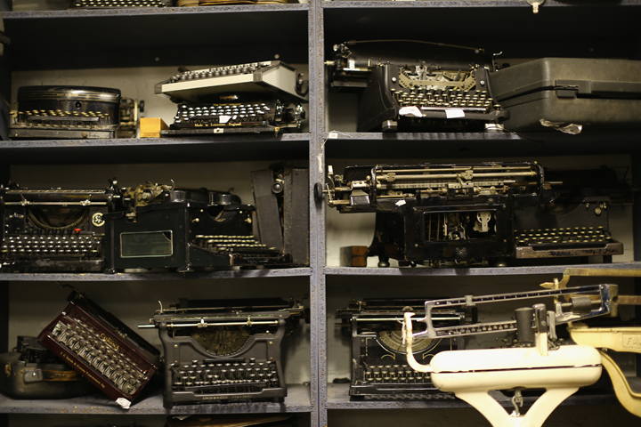 Old typewriters sit on a shelf in National Theatre's Costume and Props Hire department in Kennington on October 30, 2013 in London, England.