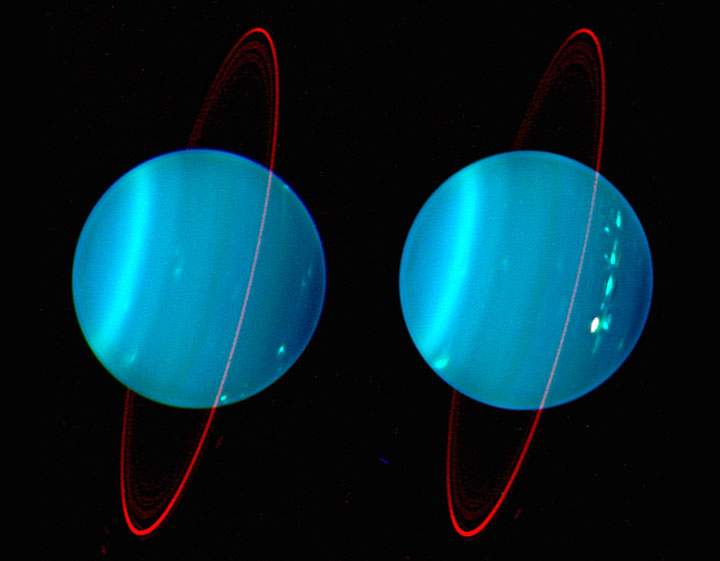 An infrared composite image of the two hemispheres of Uranus obtained with Keck telescope at near-infrared. In this image, the north pole is at 4 o’clock.