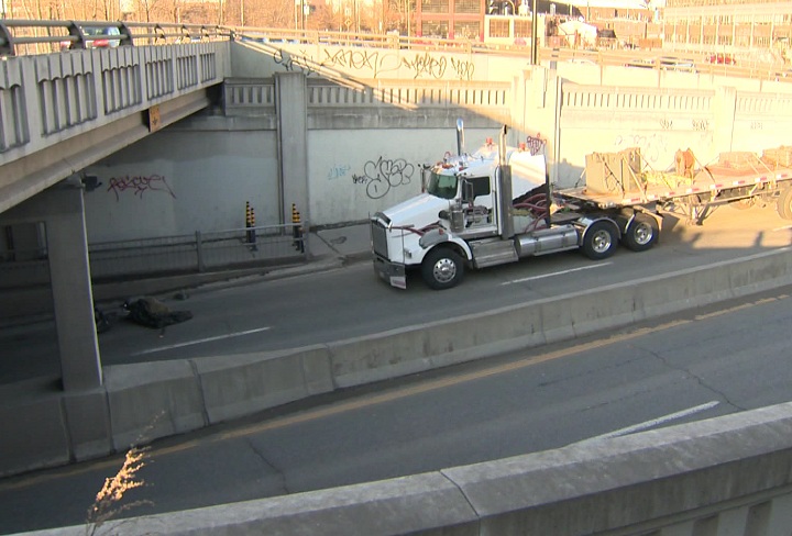 A 33-year-old woman has died after being hit by a flatbed truck in Montreal on April 28, 2014.