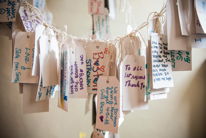 Hand written messages are displayed in an exhibit titled, ‘Dear Boston: Messages from the Marathon Memorial’ in the Boston Public Library to commemorate the 2013 Boston Maraton bombings, on April 14, 2014 in Boston, Massachusetts.