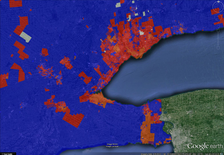 A look at the results from the 2011 election. Blue denotes Conservative, Red denotes Liberal and Orange denotes NDP riding victories