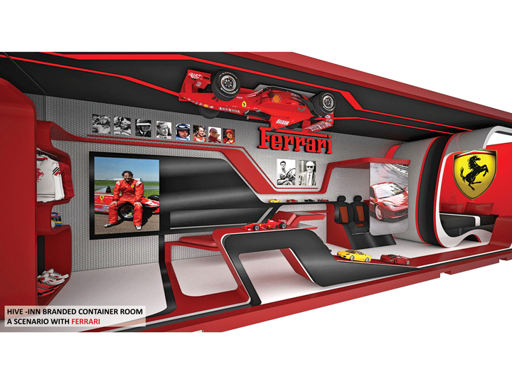 A Ferrari-sponsored container room could look something like this in the jenga-like hotel.