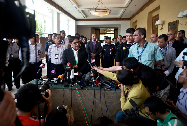 Director general of Malaysia’s Civil Aviation Department (DCA), Azharuddin Abdul Rahman addresses the media after the meeting with relatives of passengers.