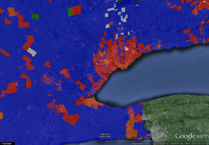 A look at the results from the 2011 election. Blue denotes Conservative, Red denotes Liberal and Orange denotes NDP riding victories