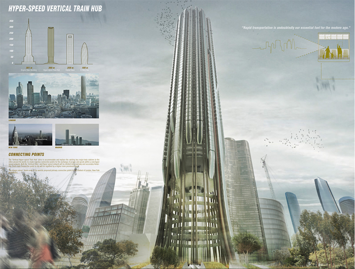 The Hyper-Speed Vertical Train Hub aims to replace existing flagship train stations and create new key connective points for the exchange of people and goods with the new hyper speed network.