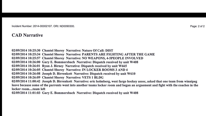Police report filed the night of violent incident at a hockey game at Fargo, ND where two Winnipeg teams were playing and two parents eventually suspended
