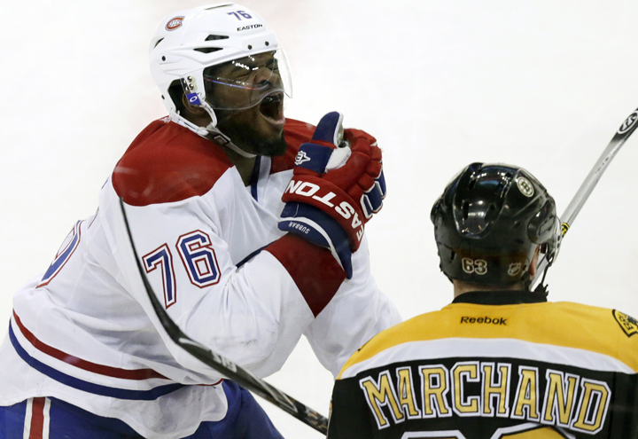 Montreal Canadiens defenseman P.K. Subban (76) reacts after getting hit in the face by Boston Bruins left wing Brad Marchand's stick during the second period of Game 1 in a second-round of a Stanley Cup playoff series in Boston, Thursday, May 1, 2014.