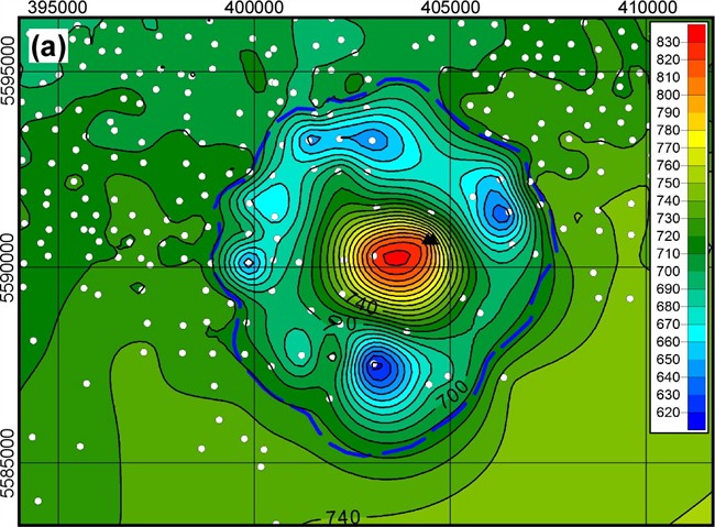 A map of the underground layers of earth that outline the shape of a meteorite crater found in Alberta.