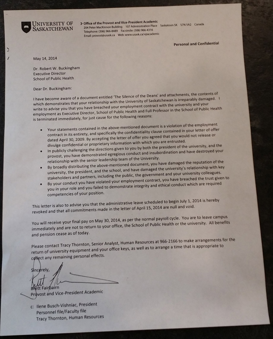 Termination letter from the University of Saskatchewan to Dr. Robert Buckingham.