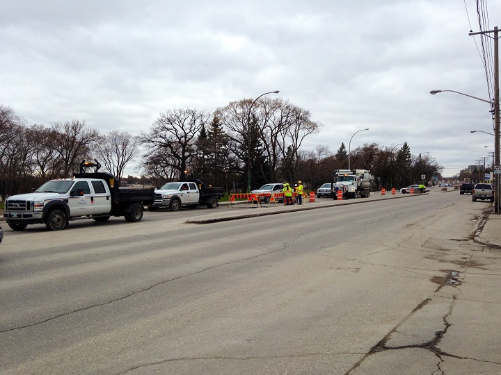 A sinkhole closed St. Mary’s Road southbound at Morier Avenue on Wednesday.