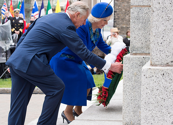 Prince Charles and his wife Camilla lay a wreath during welcoming ceremonies Monday, May 19, 2014 in Halifax. The Royal couple are on a four-day tour of Canada.