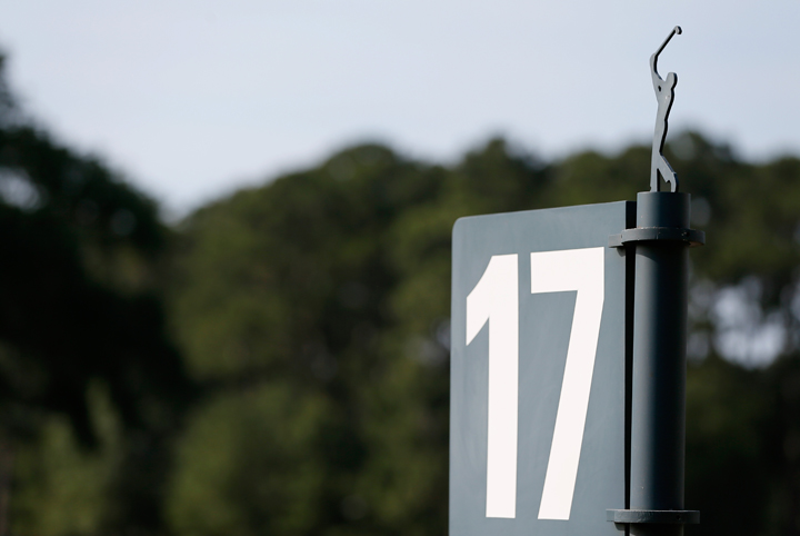 A tee sign is seen on the 17th hole during the first round of THE PLAYERS Championship on The Stadium Course at TPC Sawgrass on May 8, 2014 in Ponte Vedra Beach, Florida.