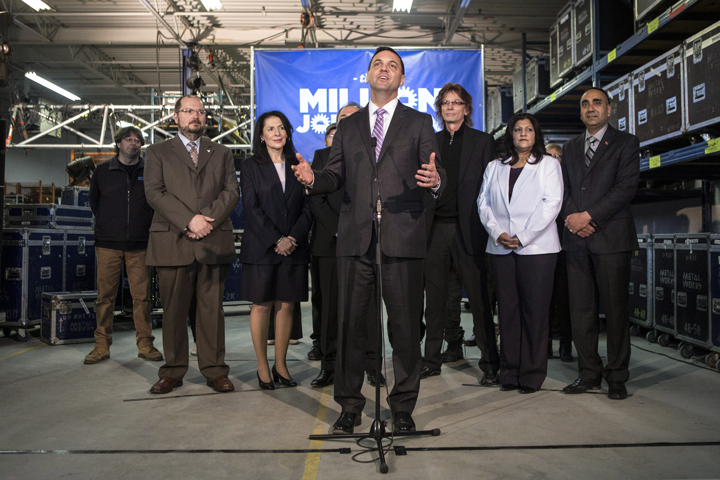 PC Leader Tim Hudak talks to the media at Metalworks Studios,