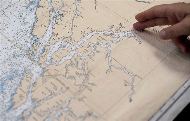 The proposed tanker route leaving from Kitimat, B.C. is shown on a map Thursday, Sept, 19, 2013.