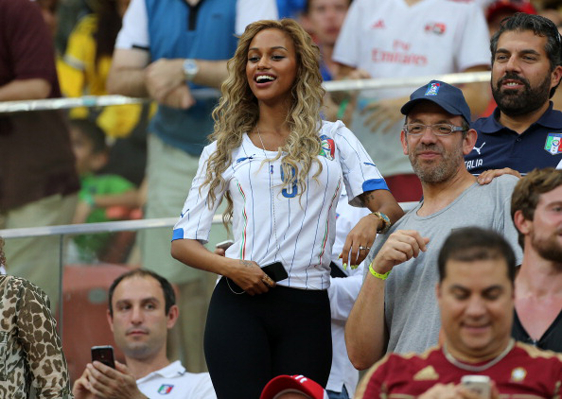 MANAUS, BRAZIL - JUNE 14: Fanny Neguesha, belgian fiancee of Mario Balotelli of Italy attends the 2014 FIFA World Cup Brazil Group D match between England and Italy at Arena Amazonia on June 14, 2014 in Manaus, Brazil. (Photo by Jean Catuffe/Getty Images)