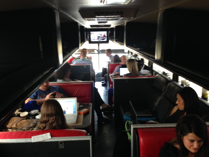 Reporters on the NDP's "Easy Rider" bus