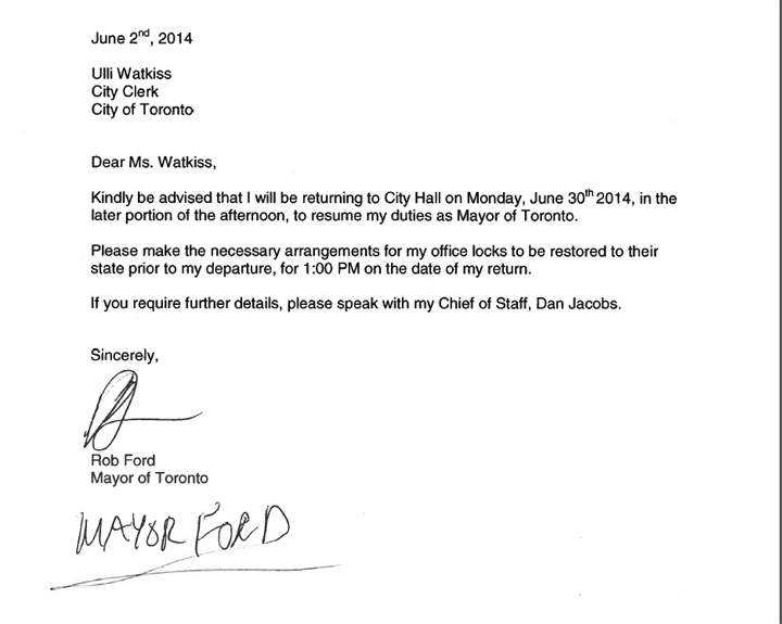 Rob Ford's official notice of return was filed with the city on June 17, 2014