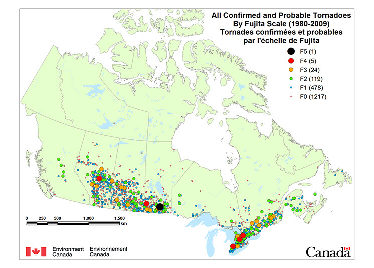 Most tornadoes in Canada occur in southern Ontario and the Prairies.