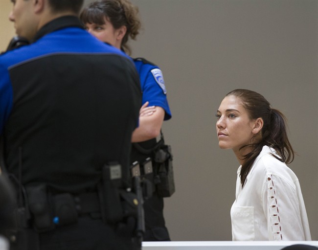 U.S. women's soccer team goalkeeper Hope Solo appears in Kirkland Municipal Court on Monday, June 23, 2014.
