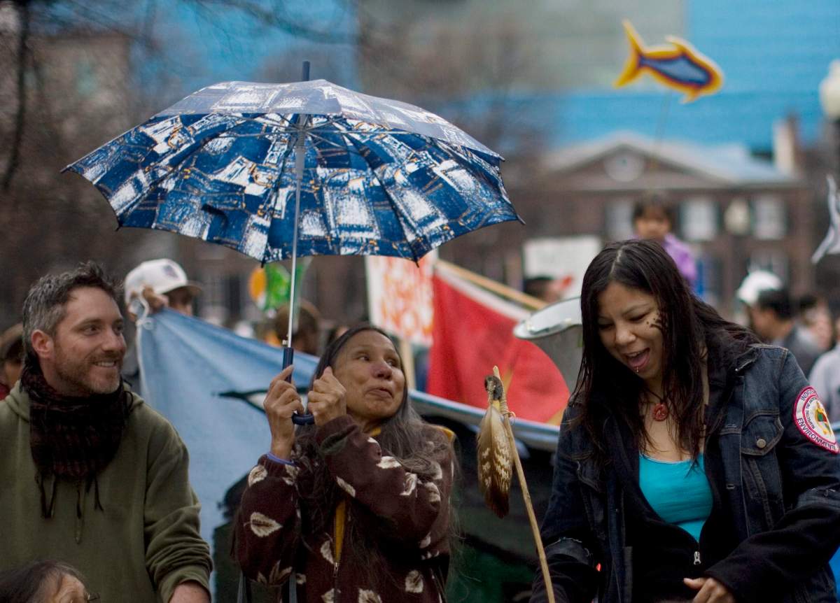 Demostrators gather as they prepare to march during a protest in Toronto on Wednesday April 7, 2010 to highlight demands for the restitution for mercury poisoning which is claimed to be affecting the health of the community in Grassy Narrows, Ont.