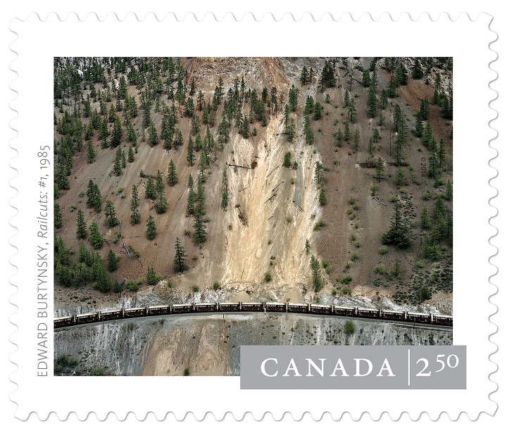 This Canada Post stamp features Railcuts #1, shot in 1985 by Edward Burtynsky.