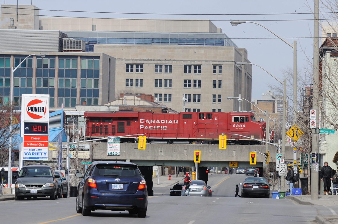 Canadian Pacific Railway train in downtown Hamilton, Ontario Canada. The Canadian Press Images/Stephen C. Host
