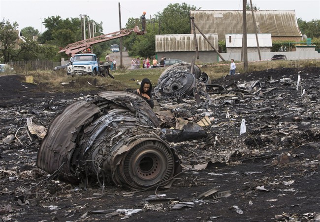 A woman walks at the site of a crashed Malaysia Airlines passenger plane near the village of Rozsypne, eastern Ukraine Friday, July 18, 2014.