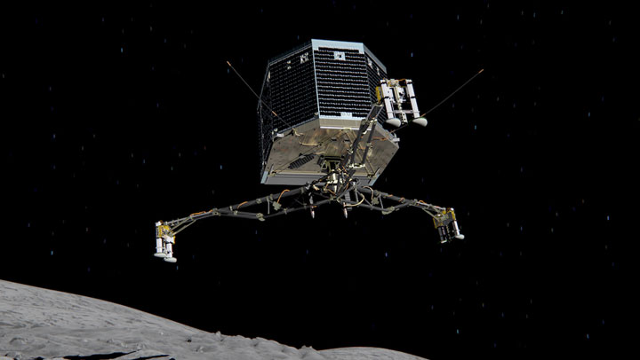 This image shows Philae separating from Rosetta and descending to the surface of comet 67P/Churyumov-Gerasimenko in November 2014.