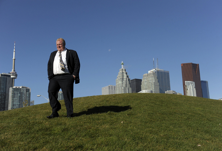 Toronto mayor elect Rob Ford heads back down a small hill near Sugar Beach after having his portrait taken following an appearance on the John Oakley morning radio show on AM640 Oct 27 2010 in Toronto.