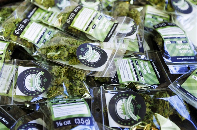 In this photo taken Tuesday, July 1, 2014, packets of a variety of recreational marijuana named “Space Needle” are shown during packaging operations at Sea of Green Farms in Seattle. The grower, the first business licensed to grow recreational marijuana in Washington state, worked all weekend to have supplies ready for stores that were expected to be granted sale licenses on Monday, July 7, the day before legal recreational pot sales begin on July 8.