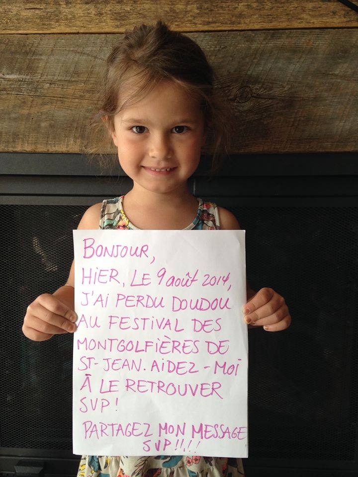 A young girl has taken to social media to find her missing stuffie after losing it at the International Balloon Festival of Saint-Jean-sur-Richelieu in Quebec.