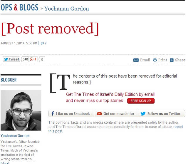The Times of Israel removed Yochanan Gordon’s blog post titled “When Genocide is Permissible,” calling it “damnable and ignorant.”
