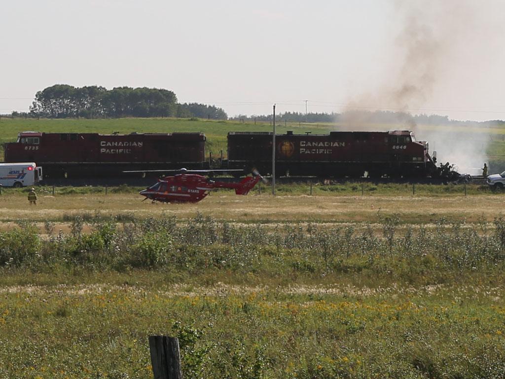 Emergency crews responded to a train fire and derailment west of Moose Jaw Monday afternoon.