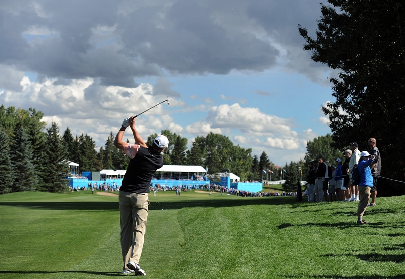 Bob Tway hits his second shot on the 18th hole during the second round of the Shaw Charity Classic at the Canyon Meadows Golf and Country Club on August 30, 2014 in Calgary, Canada.