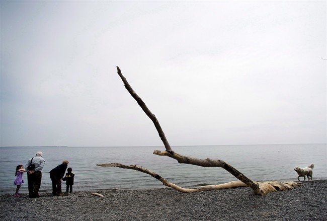 Families take in the warm weather on Lake Ontario at Humber Bay Park in Toronto on Monday, April 21, 2014.