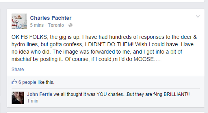 Oh deer! Artist Charles Pachter admits animal hydro towers are not his design - image