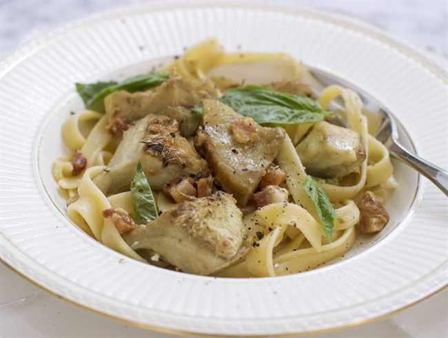 Recipe: Fettuccine with sauteed artichoke hearts and pancetta