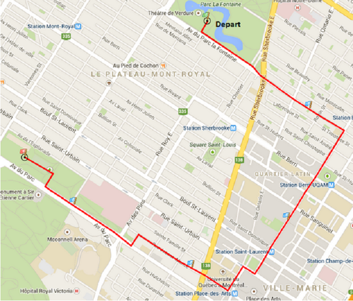 A map showing the protest route of the People’s Climate March, set to take place in Montreal on September 21, 2014.