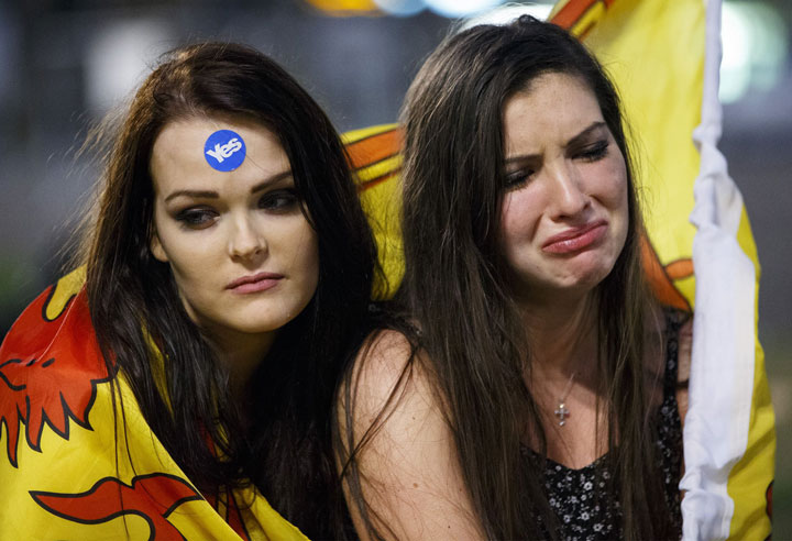 Disappointed 'YES' voters and campaigners in George Square in Glasgow, Scotland on Sept. 19, 2014.