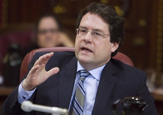 Quebec Minister Bernard Drainville speaks at a legislature committee studying the proposed Quebec Charter of Values Friday February 7, 2014 in Quebec City. Drainville is confirming he will seek the leadership of the Parti Quebecois