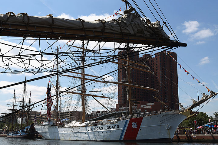 The U.S. Coast Guard Cutter Eagle is docked in the Inner Harbor as part of the Star Spangled Spectacular September 12, 2014 in Baltimore, Maryland.