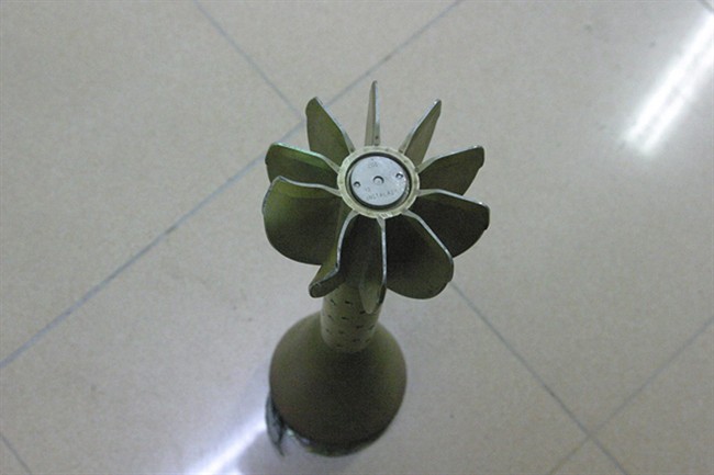 This photo provided by Human Rights Watch shows what the group claims to be the remnant base section of a cluster bomb purportedly found in Misrata, Libya, Friday April 15, 2011. 