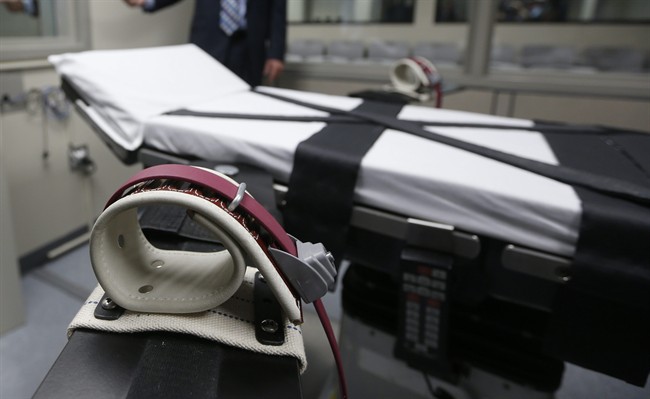 This Thursday, Oct. 9, 2014 photo shows an arm restraint on the gurney in the the execution chamber at the Oklahoma State Penitentiary in McAlester, Okla. Oklahoma Attorney General Scott Pruitt says the state does not have the drugs on hand or the medical staff prepared needed to carry out a Nov. 13 execution, and is requesting a delay until January.