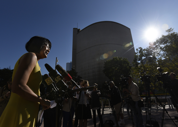 Toronto mayoral candidate Olivia Chow speaks at a press conference near city hall on Sept 25 2014.